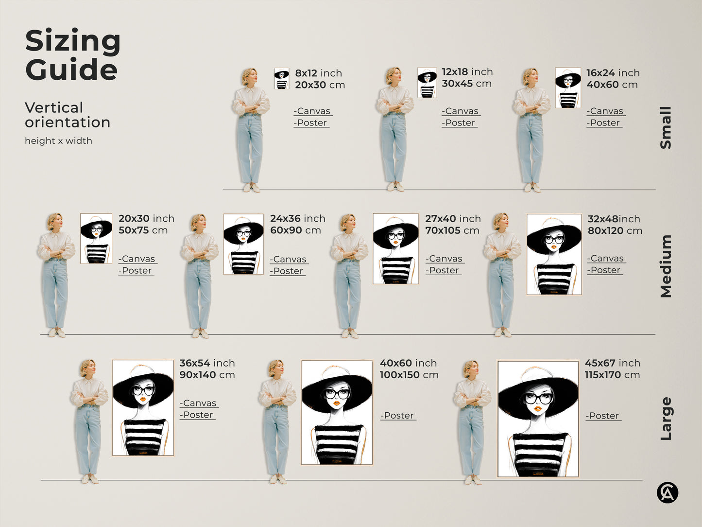 Sizing guide for vertical minimalist woman artwork. Find the perfect fit in canvas or poster. Sizes range from small to large. This black white and orange fashion art enhances any room's decor.