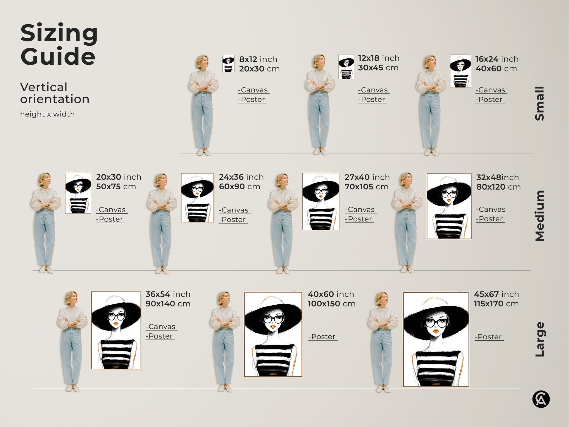 Sizing guide for vertical minimalist woman artwork. Find the perfect fit in canvas or poster. Sizes range from small to large. This black white and orange fashion art enhances any room's decor.