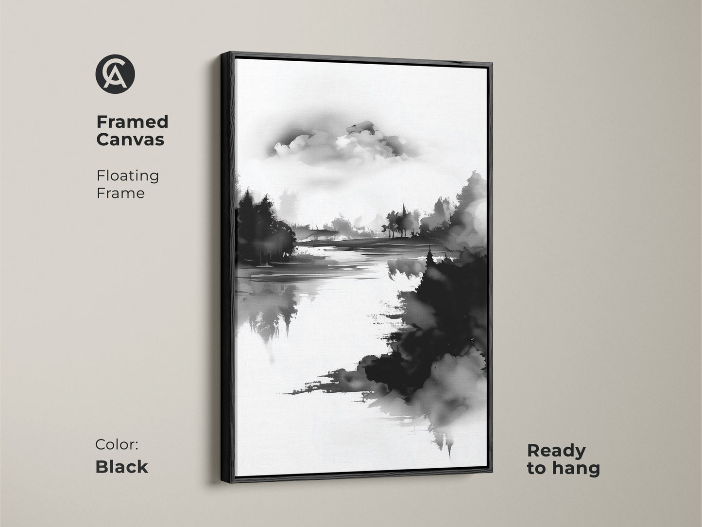 Framed canvas featuring an abstract forest lake in black and white. The floating frame adds a sophisticated touch. This minimalist ink wash art is ready to hang. Perfect as modern home decor or office landscape painting. A calming addition to any wall.