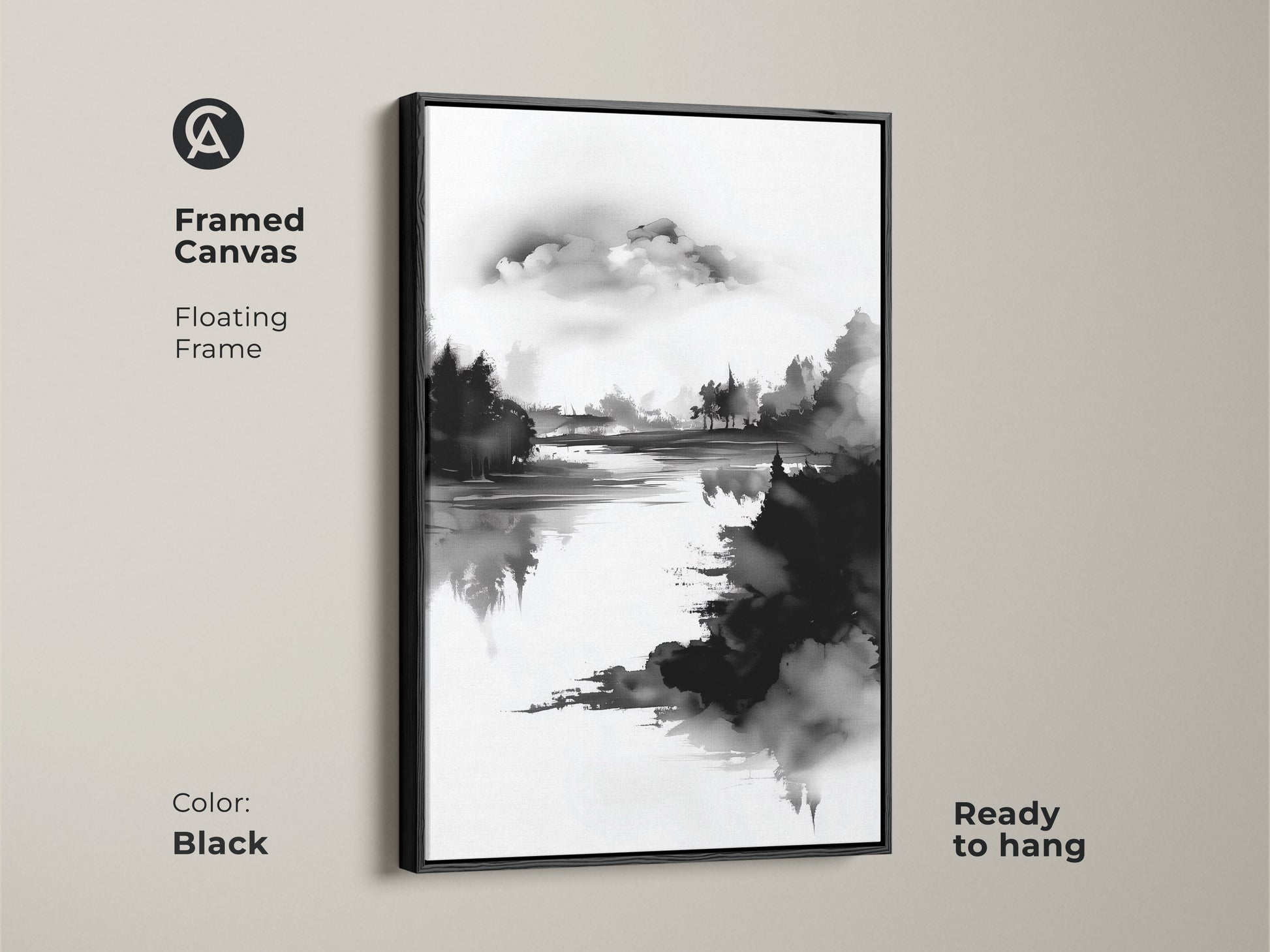 Framed canvas featuring an abstract forest lake in black and white. The floating frame adds a sophisticated touch. This minimalist ink wash art is ready to hang. Perfect as modern home decor or office landscape painting. A calming addition to any wall.