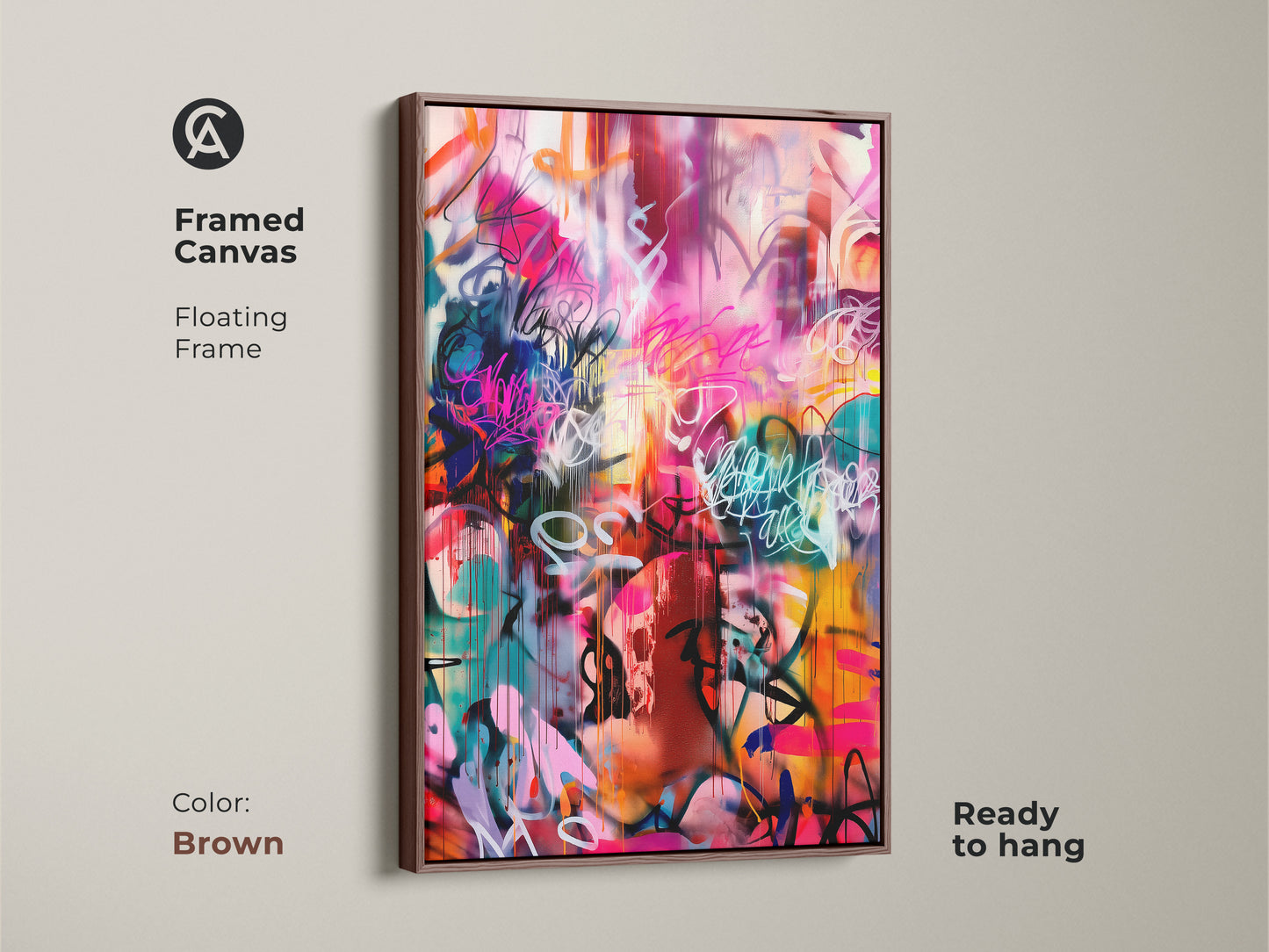 Framed Canvas Graffiti Style Artwork. This modern art piece features bright pinks blues & oranges. The artwork has a bold abstract style with a brown floating frame. This canvas art is ready to hang and adds a pop of color to any room.