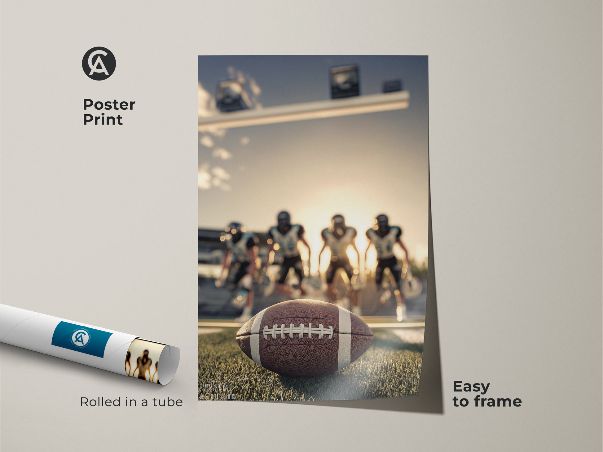 Poster print of American Football art rolled in a tube. The artwork is easy to frame. It features a close-up of the football on the field. Players are in the background. This sports action photography is great for a man cave. It's a perfect gift for any football fan.