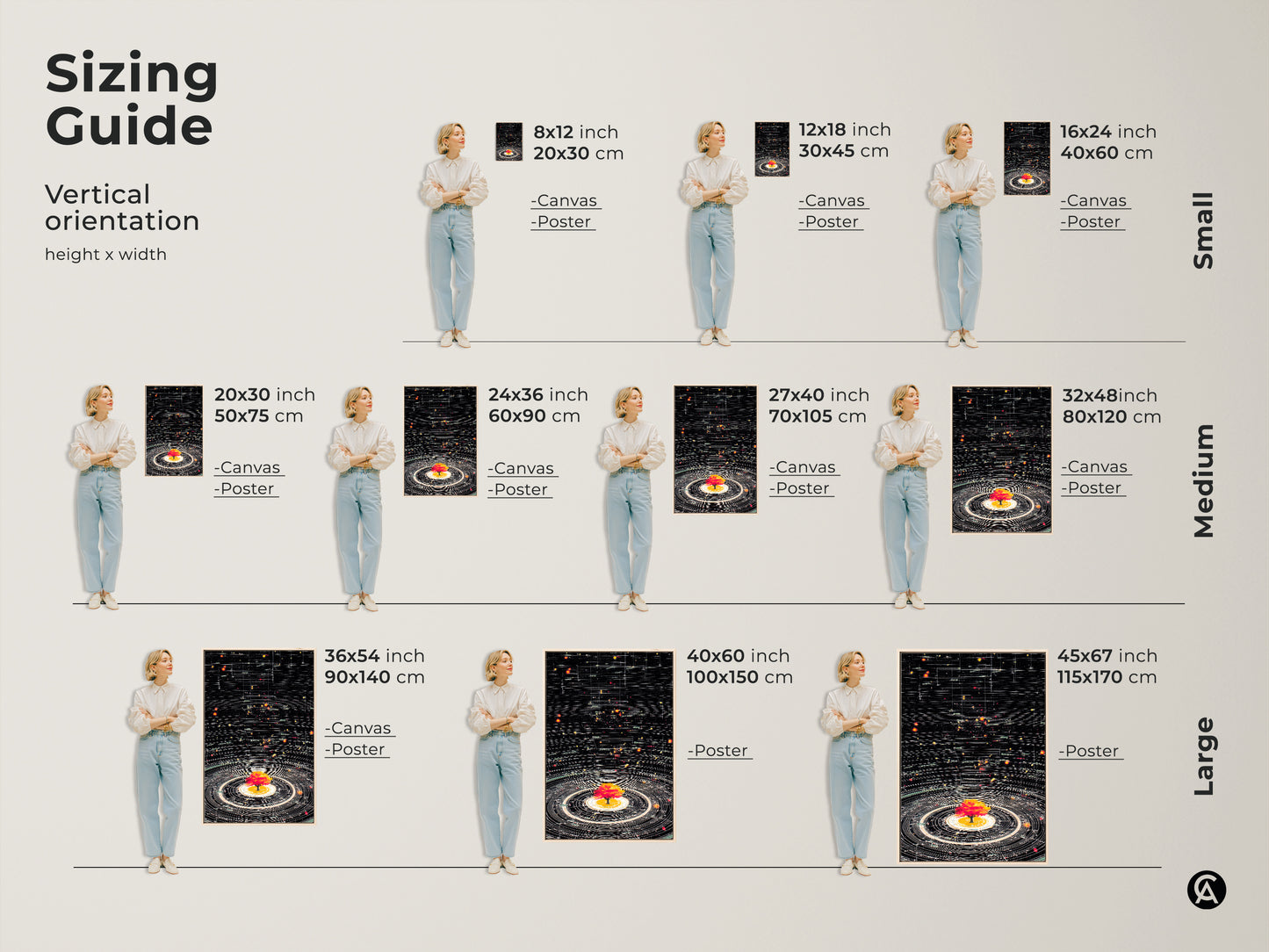 Sizing Guide featuring Abstract Cosmic Tree of Life Art. Vertical orientation options for canvas and poster art. Sizes range from small medium to large. The generative space orbits artwork is perfect as science theme wall decor or a unique stargazing gift.