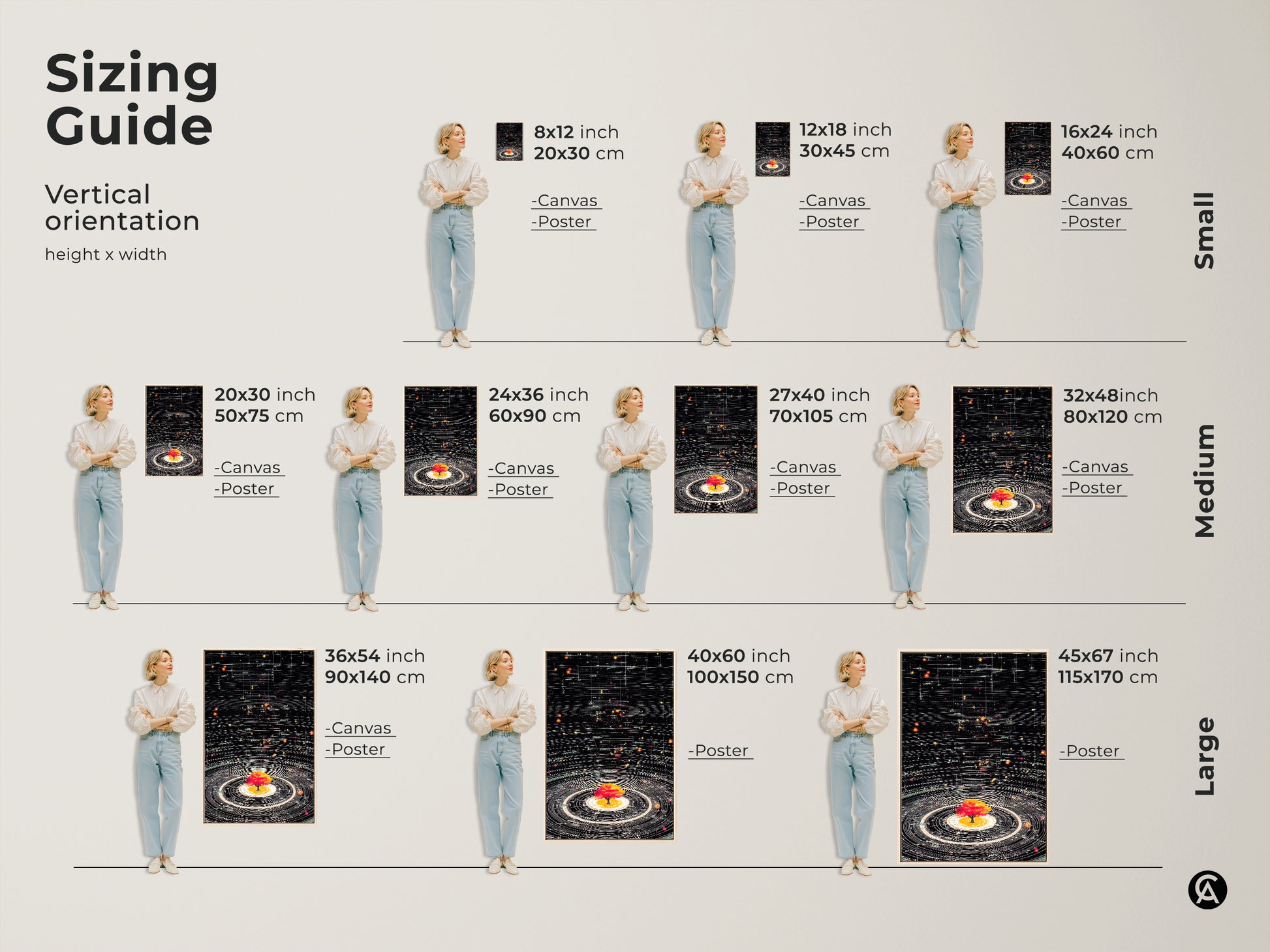 Sizing Guide featuring Abstract Cosmic Tree of Life Art. Vertical orientation options for canvas and poster art. Sizes range from small medium to large. The generative space orbits artwork is perfect as science theme wall decor or a unique stargazing gift.