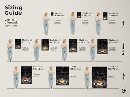 Sizing Guide featuring Abstract Cosmic Tree of Life Art. Vertical orientation options for canvas and poster art. Sizes range from small medium to large. The generative space orbits artwork is perfect as science theme wall decor or a unique stargazing gift.