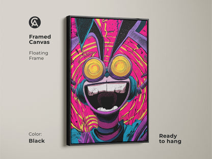Framed canvas showcasing a quirky character artwork. The floating frame enhances the artwork's visual appeal. This art is ready to hang and enjoy. The black frame complements the vivid colors of the art beautifully