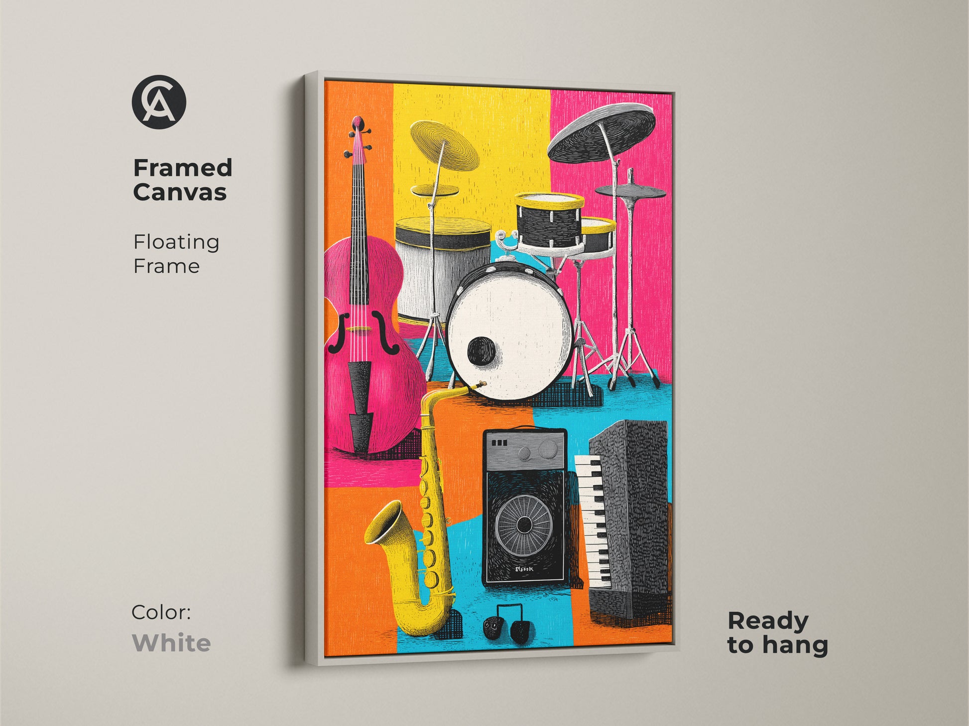 Framed canvas of musical instrument art in a white floating frame. The artwork features a cello drum set saxophone keyboard and speaker. The colorful blocks create a modern feel. This framed canvas is ready to hang.