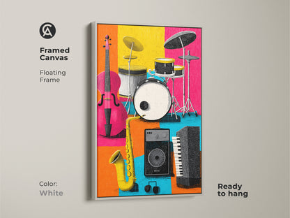 Framed canvas of musical instrument art in a white floating frame. The artwork features a cello drum set saxophone keyboard and speaker. The colorful blocks create a modern feel. This framed canvas is ready to hang.