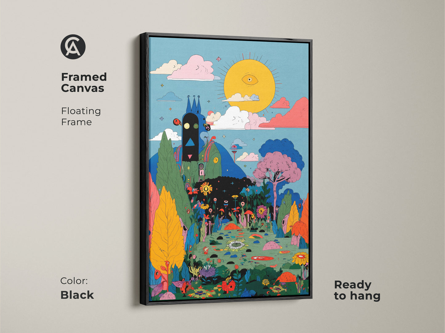 Framed Canvas in Black floating frame featuring the Eye See You art. The illustration shows a sun with an eye watching over a colorful landscape. This framed canvas is ready to hang in your home.