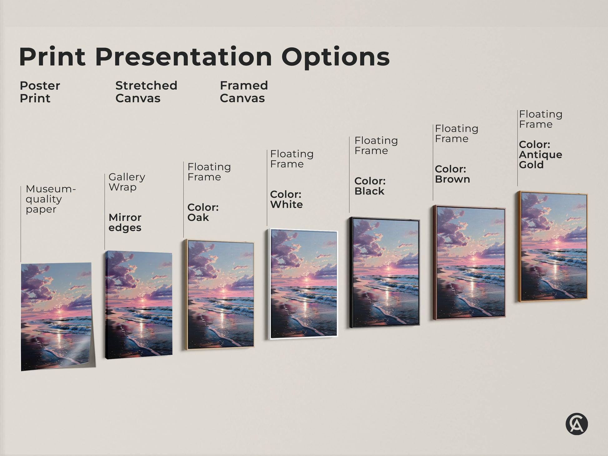 Explore print presentation options for sunset beach art. Choose from poster print stretched canvas or framed canvas. Options include gallery wrap mirror edges and floating frames. Find the perfect style to match your taste.