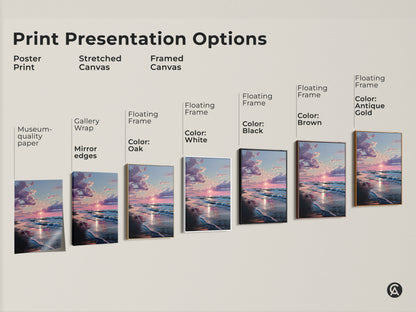 Explore print presentation options for sunset beach art. Choose from poster print stretched canvas or framed canvas. Options include gallery wrap mirror edges and floating frames. Find the perfect style to match your taste.