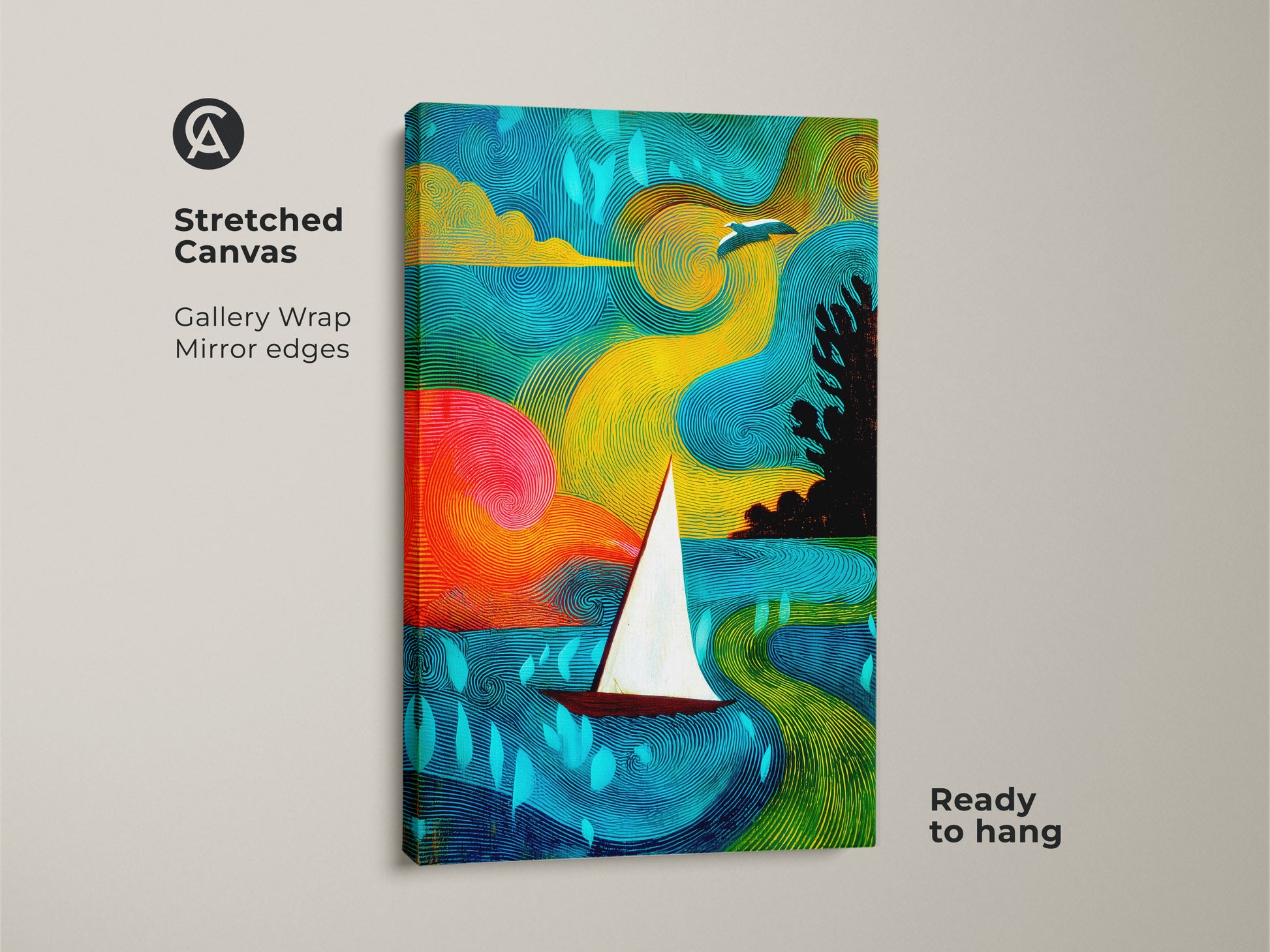 Stretched canvas art showcasing an abstract sailboat. Teal yellow green seascape adds a bohemian touch to your walls. The gallery wrap provides mirror edges. It is ready to hang for coastal home decor.