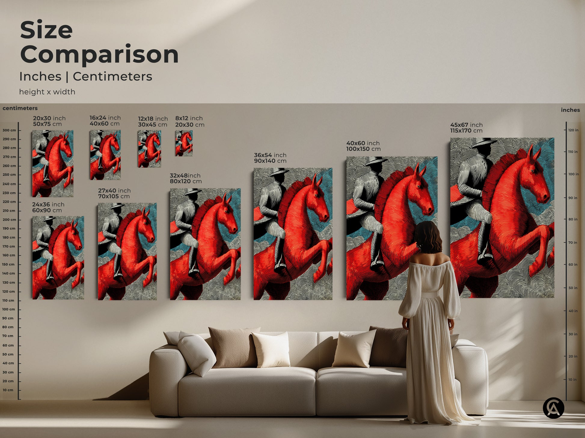 Size comparison of the red horse linocut. See how each size fits in a living space. This unique artwork is a statement piece for any home decor style and it makes a great gift.
