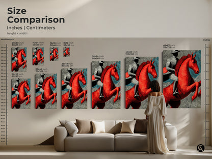 Size comparison of the red horse linocut. See how each size fits in a living space. This unique artwork is a statement piece for any home decor style and it makes a great gift.