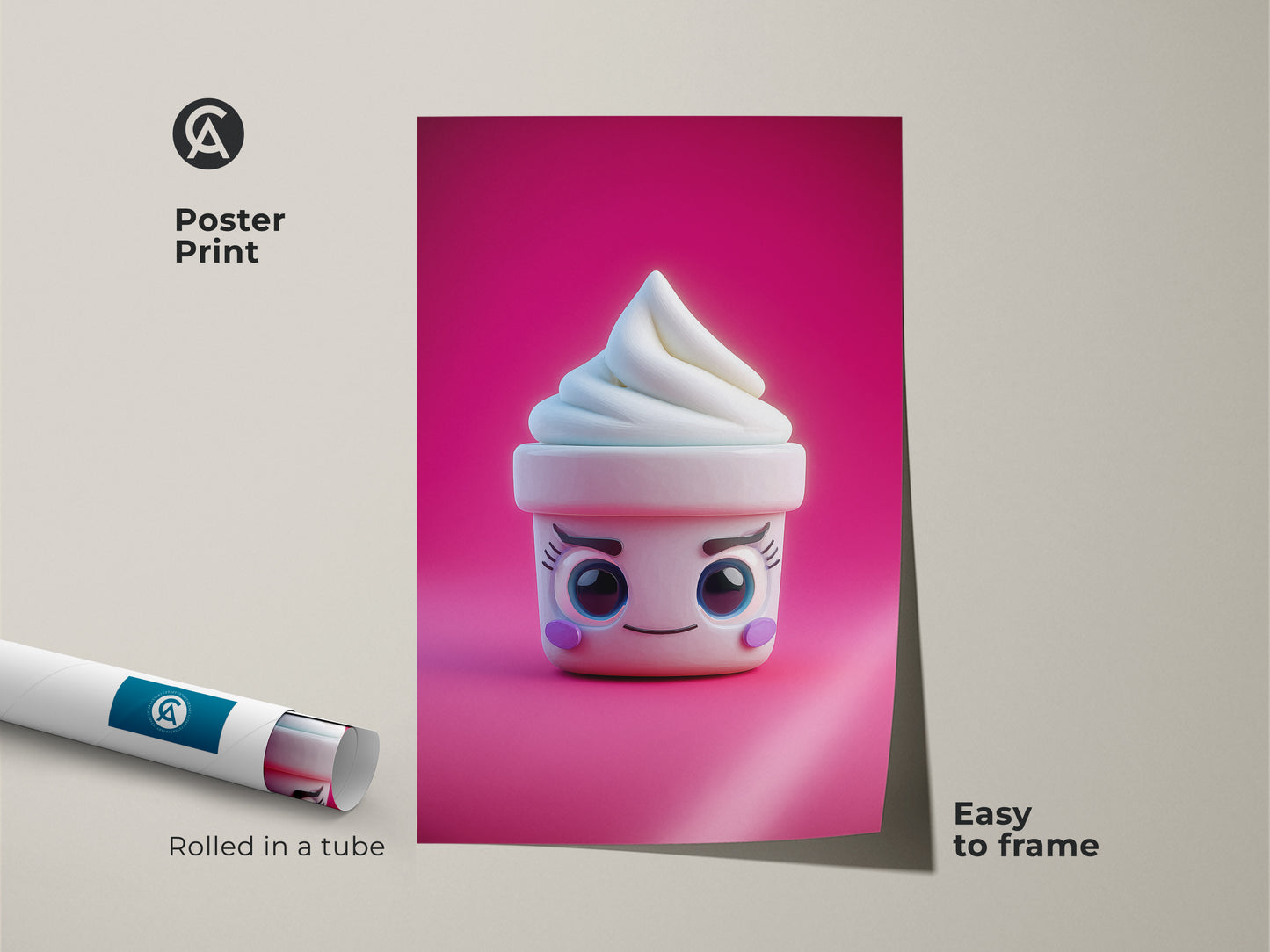 Poster print of a kawaii ice cream cone art piece. The cute soft serve art is rolled in a tube. This pink abstract food wall art is easy to frame. It's ideal for kids birthday gift art and cheerful kitchen decor.