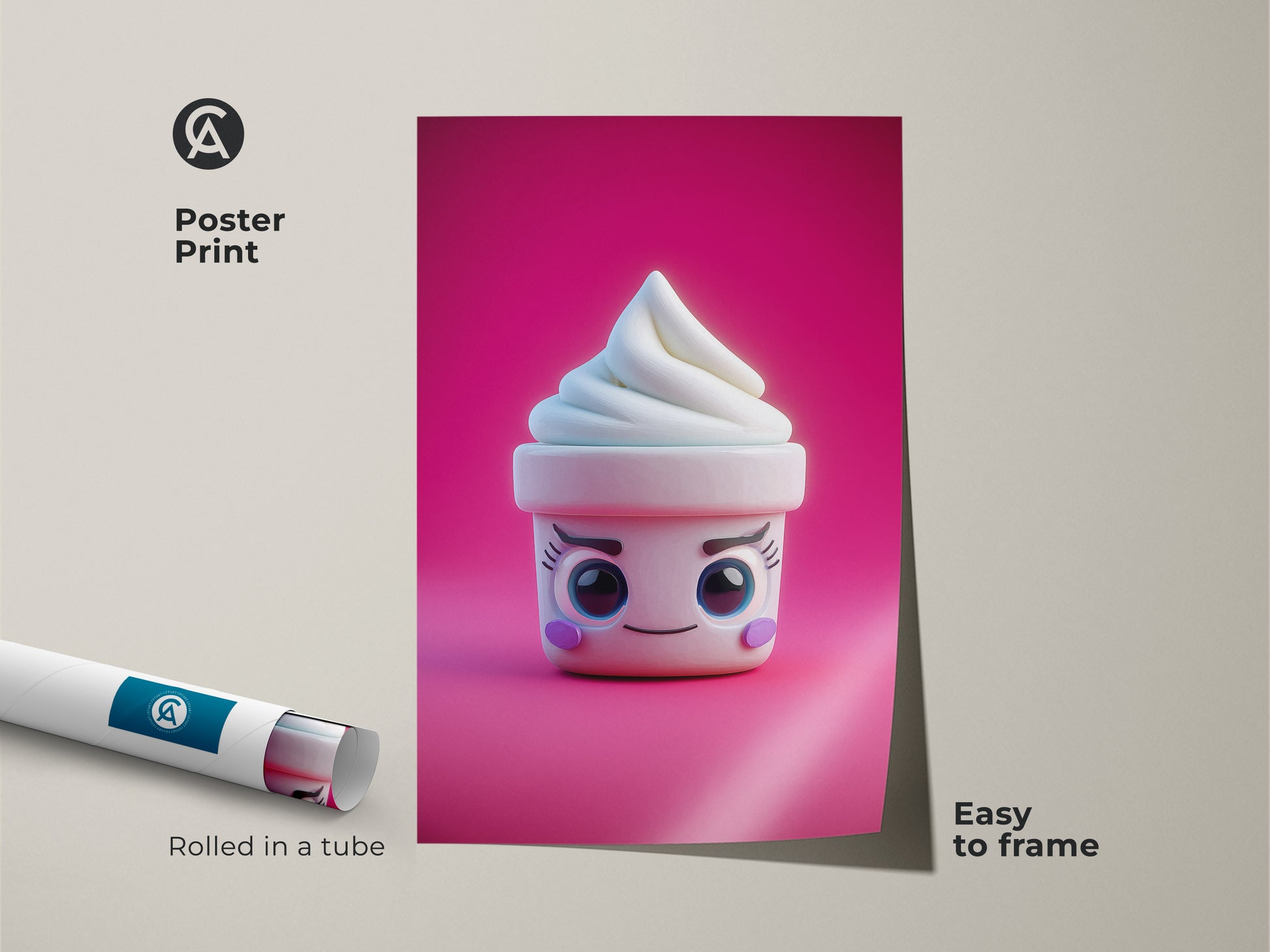 Poster print of a kawaii ice cream cone art piece. The cute soft serve art is rolled in a tube. This pink abstract food wall art is easy to frame. It's ideal for kids birthday gift art and cheerful kitchen decor.