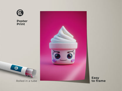 Poster print of a kawaii ice cream cone art piece. The cute soft serve art is rolled in a tube. This pink abstract food wall art is easy to frame. It's ideal for kids birthday gift art and cheerful kitchen decor.