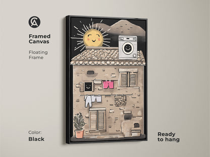 Framed canvas showcasing retro washing machine art. Black floating frame enhances this unique home decor print. This eclectic beige yellow art is ready to hang and a great addition to bedroom wall decor retro.