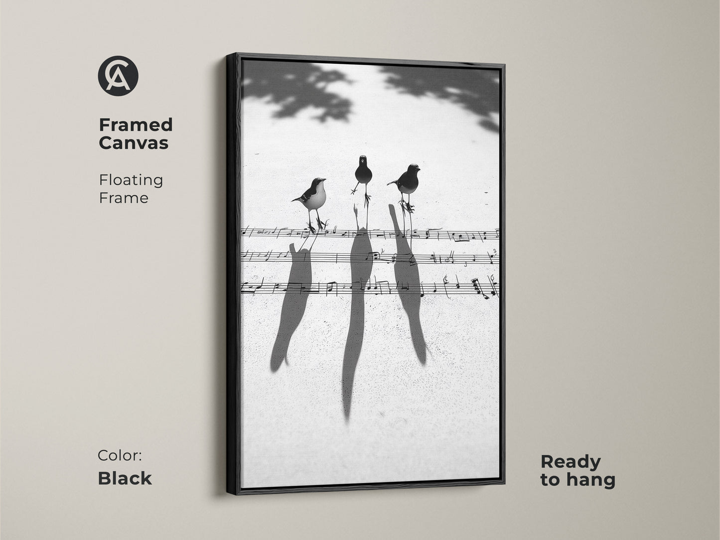 Black framed canvas featuring birds on musical notes. Floating frame contemporary art is ready to hang. Monochrome art print enhances any musician's space.