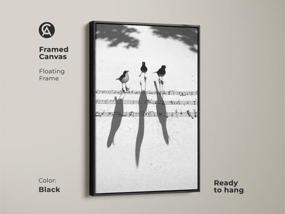 Black framed canvas featuring birds on musical notes. Floating frame contemporary art is ready to hang. Monochrome art print enhances any musician's space.