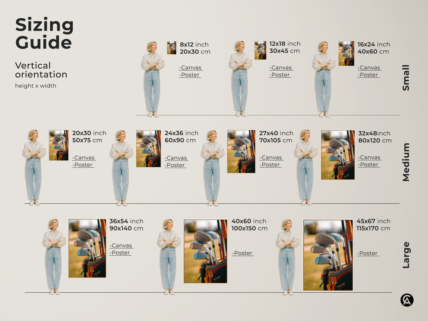 Sizing guide for golf equipment artwork. Vertical orientation height by width. Available in small medium and large sizes. Options include canvas and poster prints. Buy golf art today.