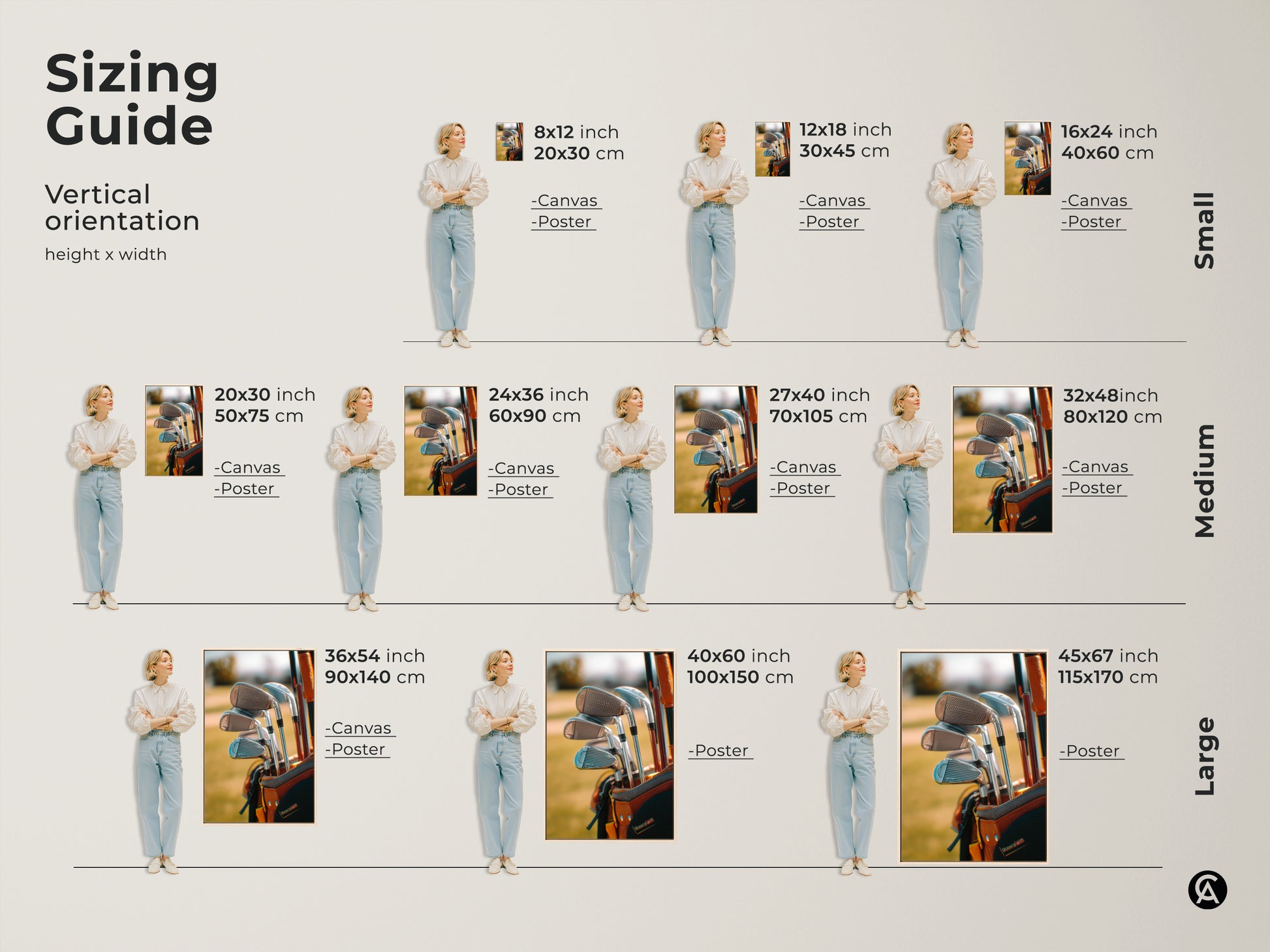 Sizing guide for golf equipment artwork. Vertical orientation height by width. Available in small medium and large sizes. Options include canvas and poster prints. Buy golf art today.
