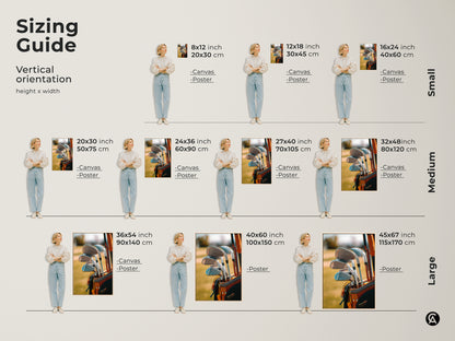 Sizing guide for golf equipment artwork. Vertical orientation height by width. Available in small medium and large sizes. Options include canvas and poster prints. Buy golf art today.