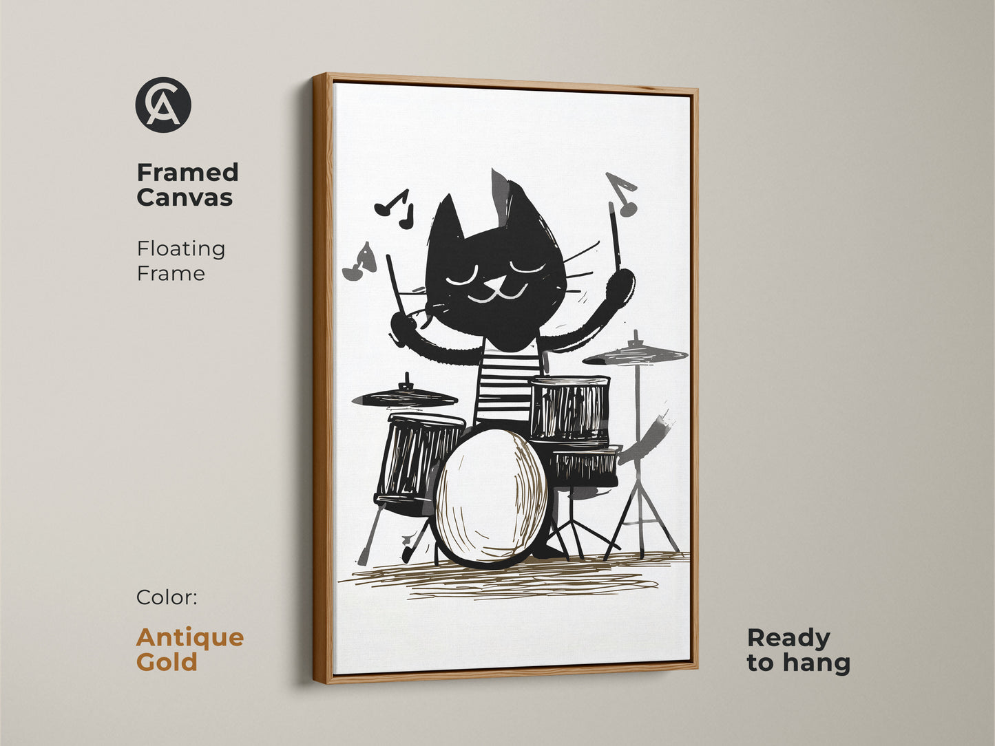 Framed Canvas featuring cat playing drums. Antique Gold color floating frame. Black and white cat art print makes a music lover gift. Great kids room animal decor. Eclectic home art ready to hang.