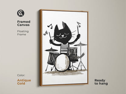 Framed Canvas featuring cat playing drums. Antique Gold color floating frame. Black and white cat art print makes a music lover gift. Great kids room animal decor. Eclectic home art ready to hang.