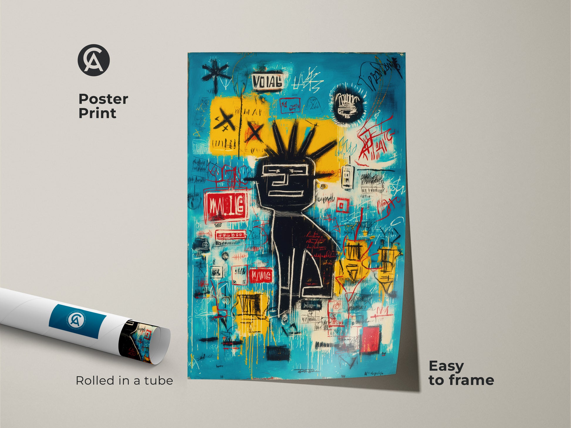 Poster print of a Basquiat-inspired graffiti art piece. This museum-quality paper enhances the vibrant colors. This poster is easy to frame. Rolled safely in a tube for delivery. Perfect for modern art collectors.