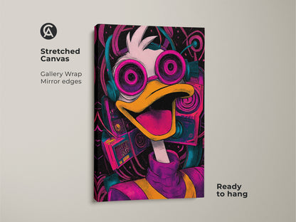 Stretched canvas print of Donald Duck artwork. The gallery-wrapped canvas showcases a fun cartoon duck with music accessories. Mirror edges give a modern look. It's ready to hang and enjoy.