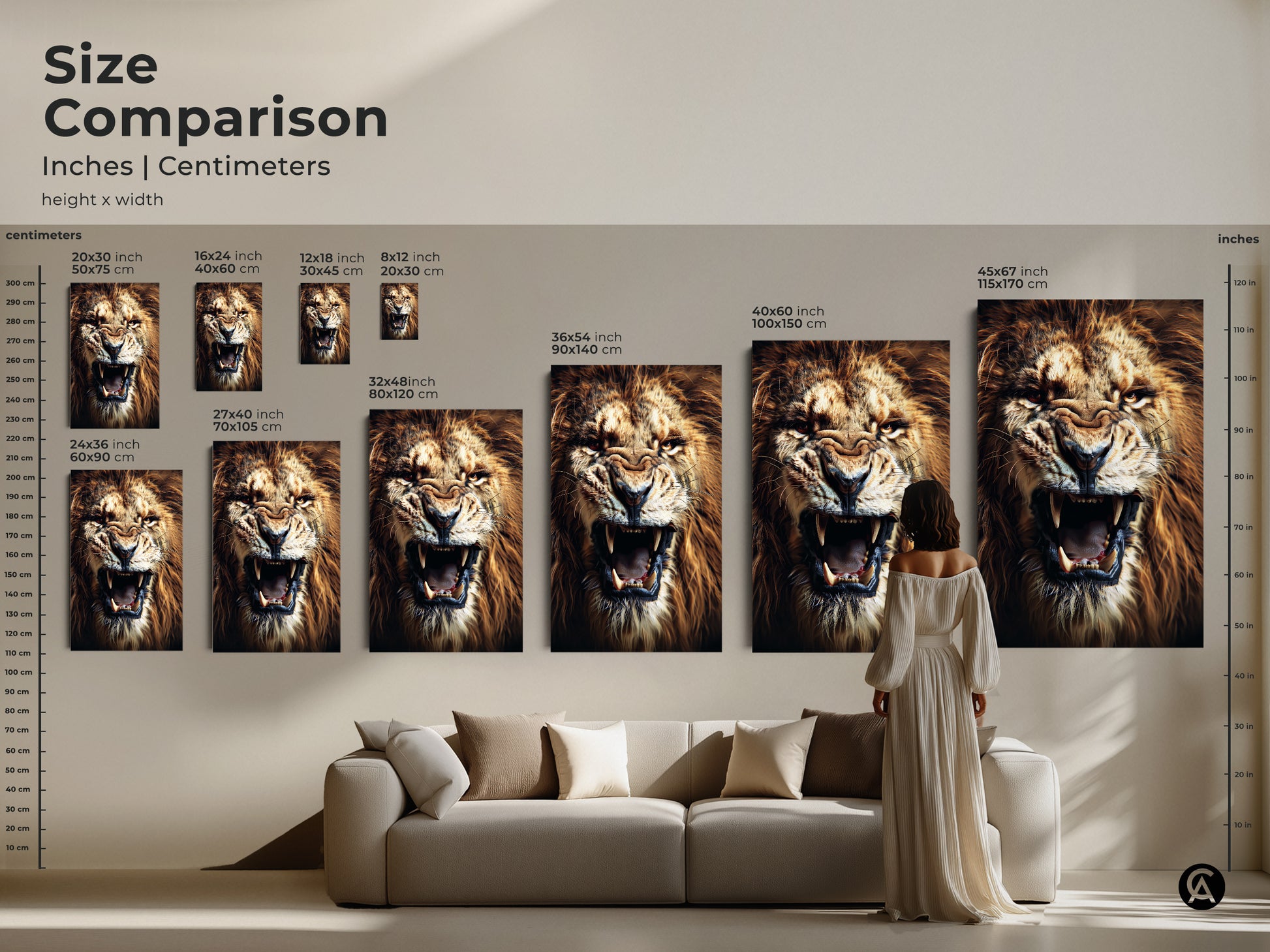 Size comparison of a roaring lion artwork in inches and centimeters. The canvas print sizes range from small to large. This wildlife nature decor is perfect as canvas art for the living room. The bold animal print is a statement piece.