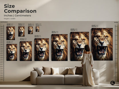 Size comparison of a roaring lion artwork in inches and centimeters. The canvas print sizes range from small to large. This wildlife nature decor is perfect as canvas art for the living room. The bold animal print is a statement piece.
