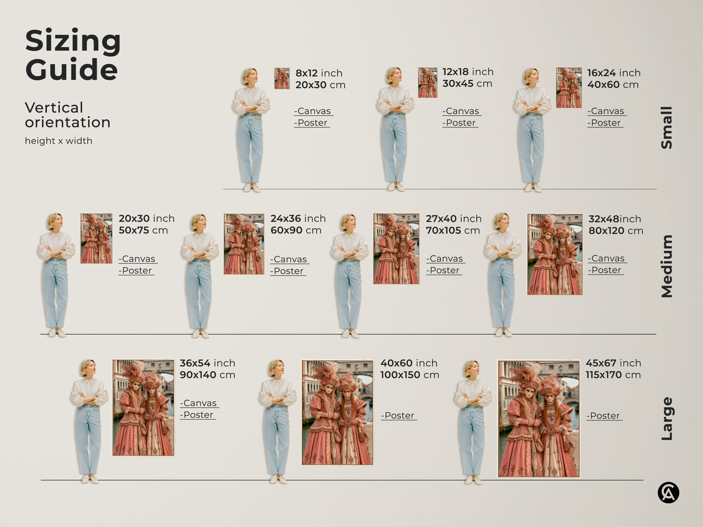 Sizing guide for vertical orientation art prints. Artwork featuring two figures in Venetian carnival costumes is available in various sizes. Options include canvas and poster prints. Find the perfect size to fit your space and enhance your decor.