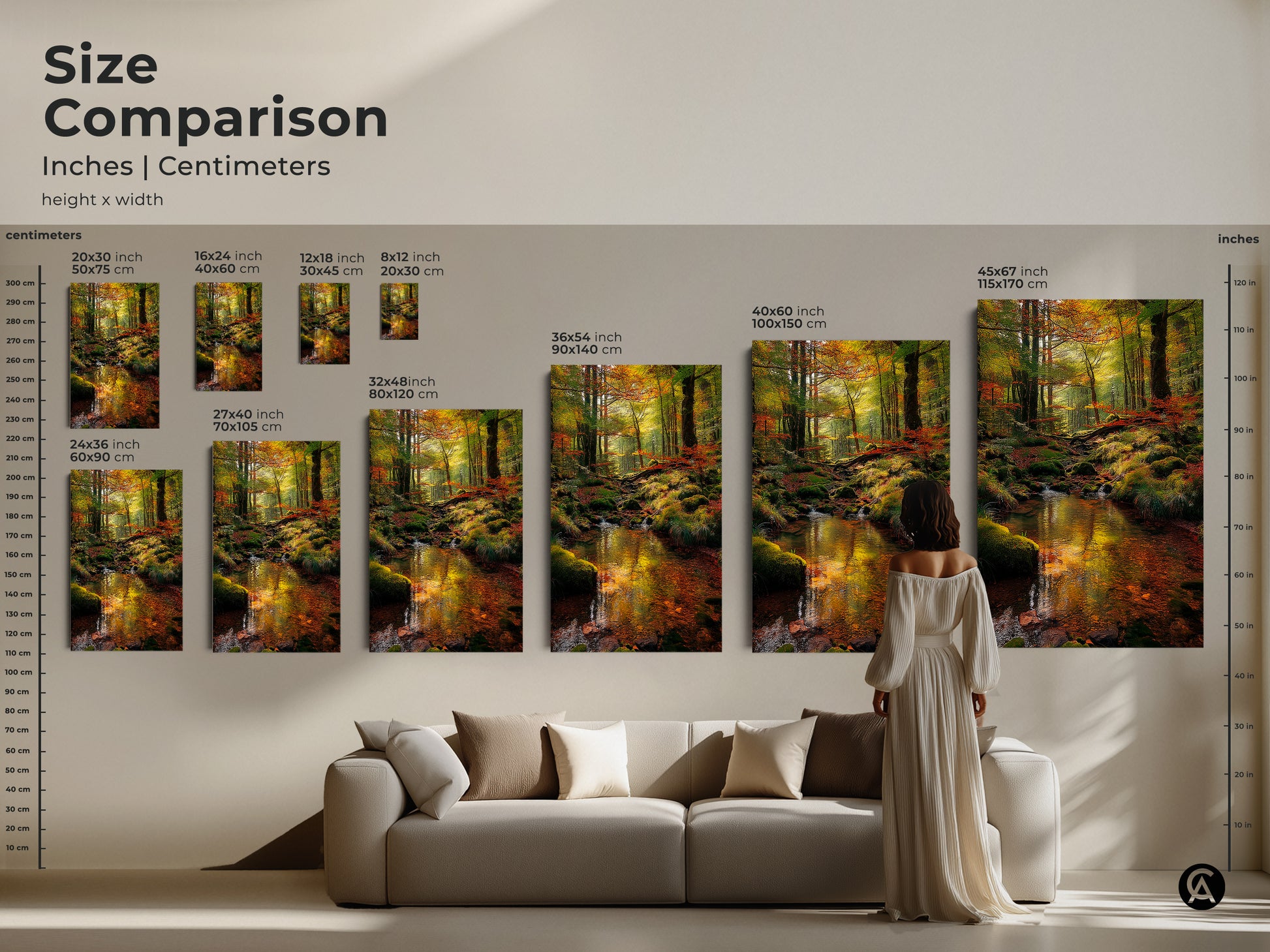 Compare sizes of the forest stream artwork in inches and centimeters. This size comparison guide helps you choose the ideal dimensions. See how the artwork looks in different sizes. Find the perfect fit for your space and style.