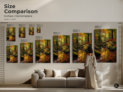 Compare sizes of the forest stream artwork in inches and centimeters. This size comparison guide helps you choose the ideal dimensions. See how the artwork looks in different sizes. Find the perfect fit for your space and style.