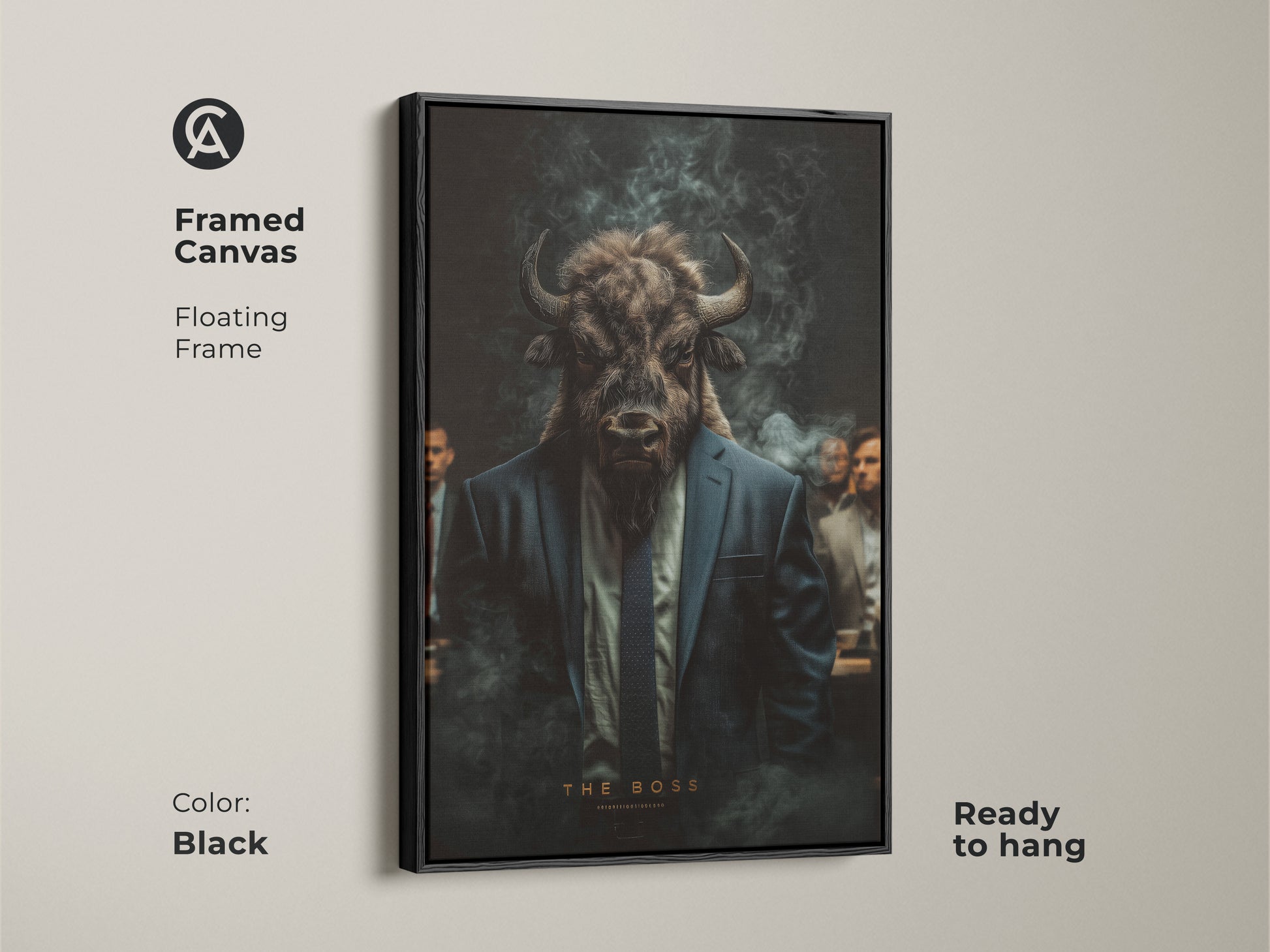 Framed canvas artwork of a bull-headed man in a suit. Floating frame in black. This art is ready to hang. A striking addition to any wall. The perfect blend of modern art and sophistication. Enhance your decor.