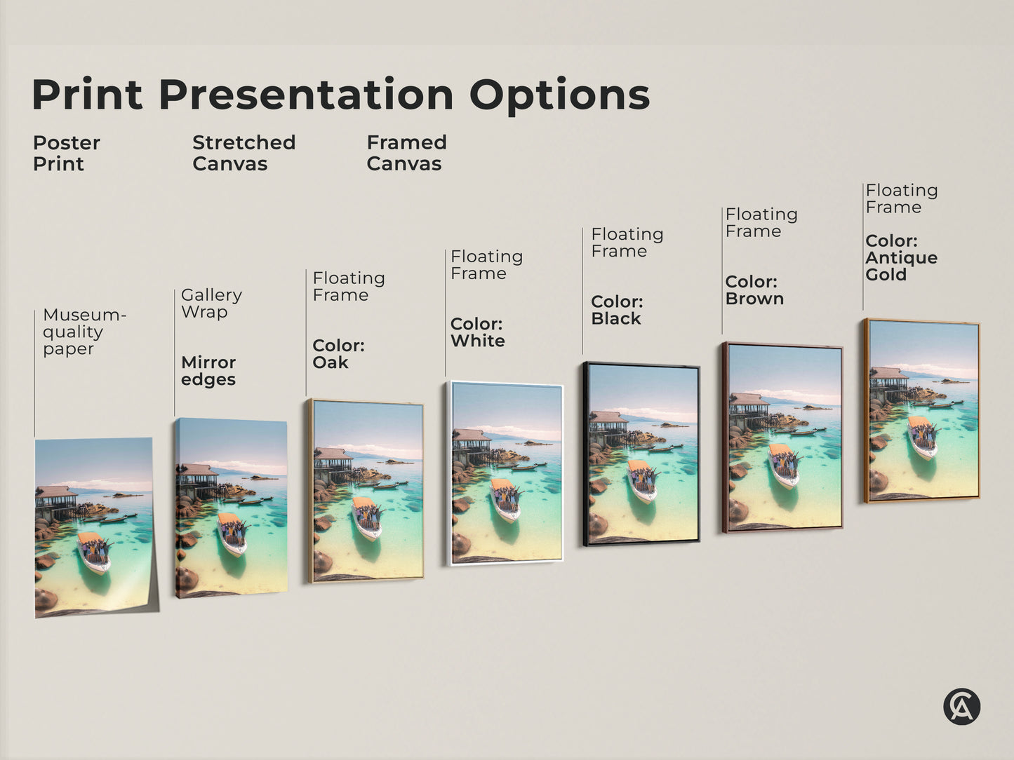 Explore Print Presentation Options. Poster Print Stretched Canvas and Framed Canvas. Choose museum-quality paper or gallery wrap. Floating frame in oak white black brown and antique gold. Find the perfect coastal art for your home.