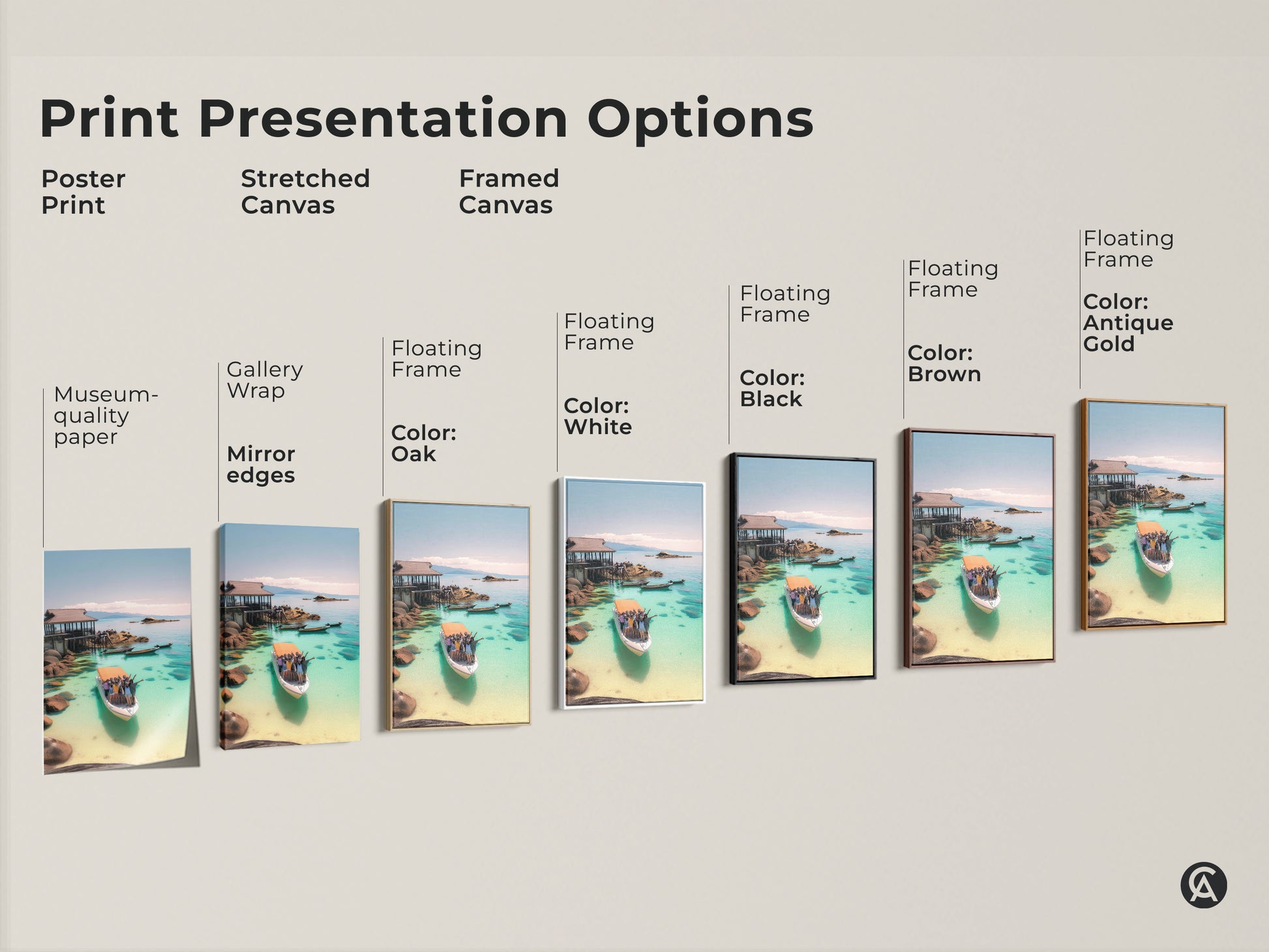 Explore Print Presentation Options. Poster Print Stretched Canvas and Framed Canvas. Choose museum-quality paper or gallery wrap. Floating frame in oak white black brown and antique gold. Find the perfect coastal art for your home.