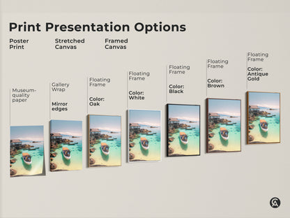 Explore Print Presentation Options. Poster Print Stretched Canvas and Framed Canvas. Choose museum-quality paper or gallery wrap. Floating frame in oak white black brown and antique gold. Find the perfect coastal art for your home.