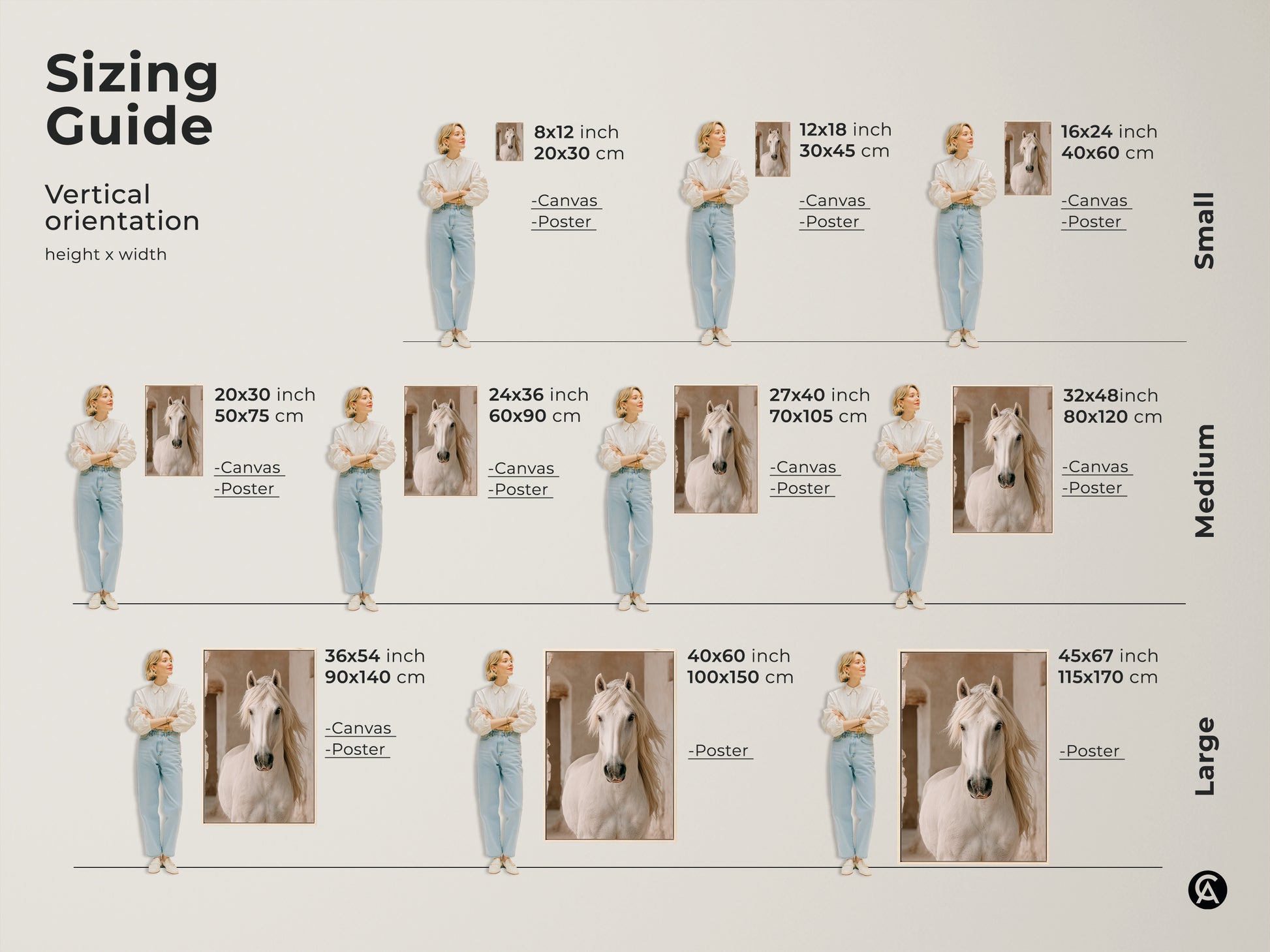 Sizing guide for vertical farmhouse white horse canvas art. Visualize small medium and large sizes with model comparisons. Perfect photorealistic animal print for any wall.