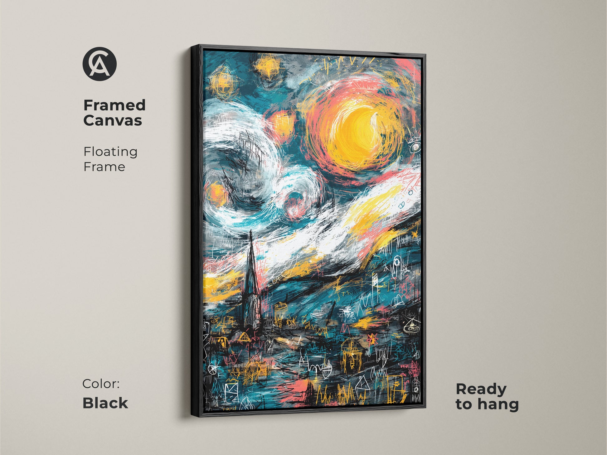 Enhance your wall decor with this framed canvas artwork. It features a floating frame in black. A modern reimagining of Van Gogh's Starry Night. Ready to hang and bring artistic inspiration to your living space.