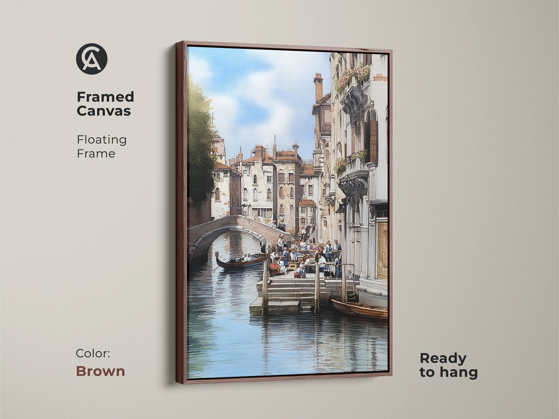 Framed canvas art in brown featuring a Venice canal. The floating frame is ready to hang. This Italian architecture art showcases a traditional cityscape with a gondola boat. A perfect housewarming gift for travel lovers seeking classic Italian decor and elegant home decor.