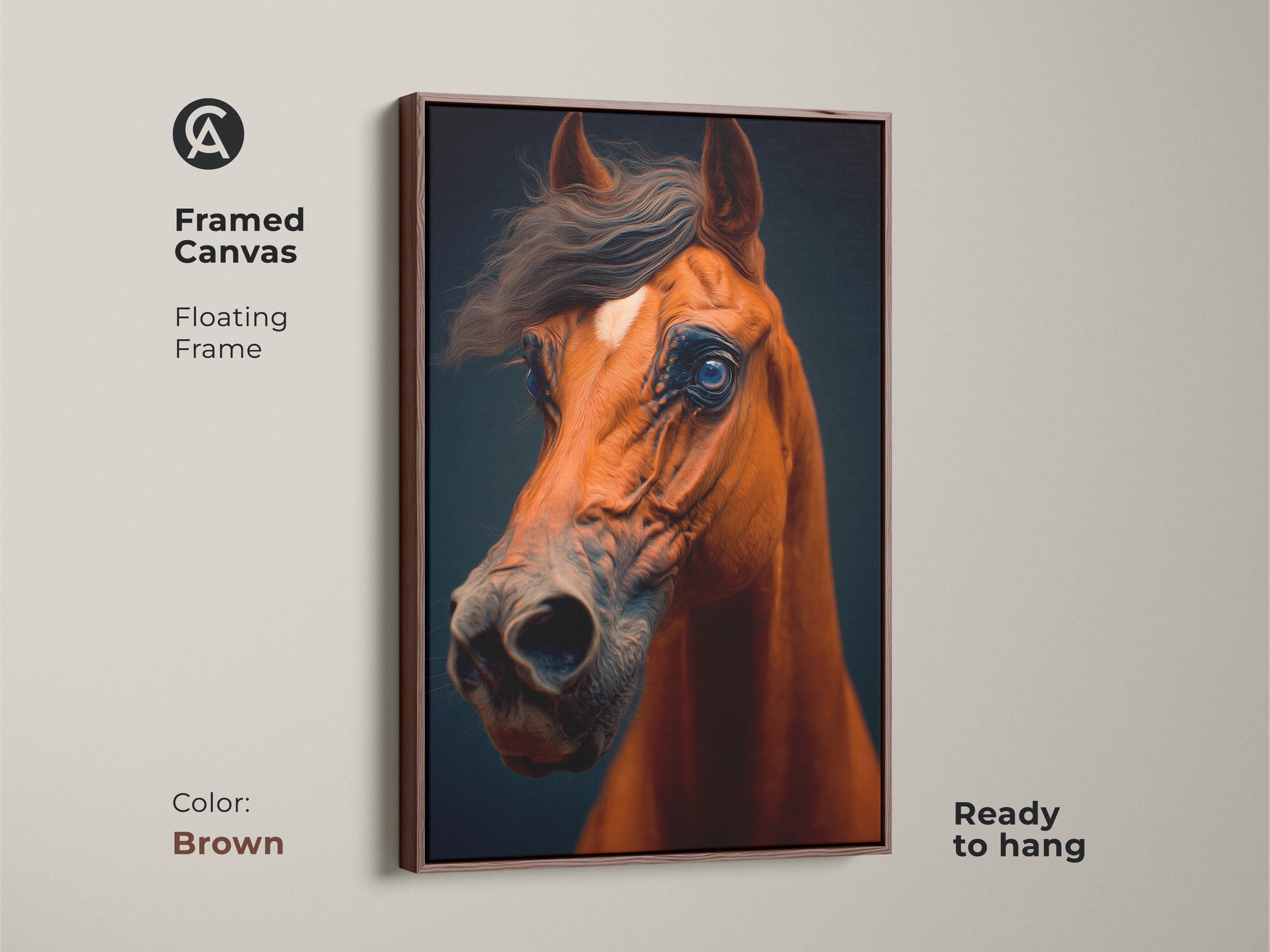 This framed canvas is a realistic horse artwork in brown. The horse art has a floating frame. The horse head canvas will make a great gift. This equine portrait is easy to hang. The brown and orange colors of this artwork are sure to impress.