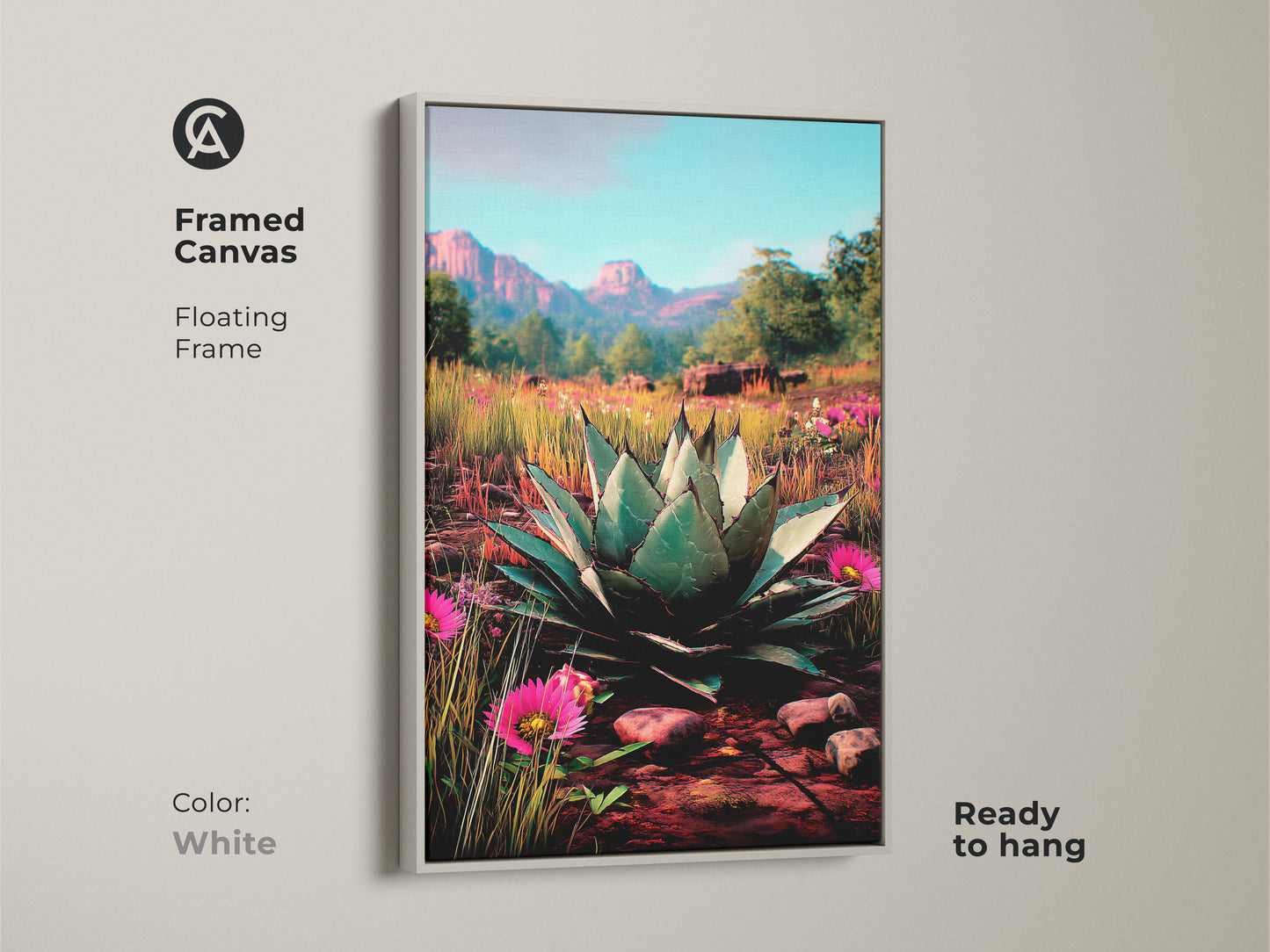 Framed canvas in white presents a southwestern agave plant art print. This ready-to-hang floating frame adds beauty to botanical home decor. It will enhance your entryway decor. It is a great housewarming gift for plant lovers. This is a piece of colorful wall art.