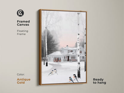 Framed canvas print of a winter landscape with snow-covered house & birds around birch trees. Antique gold floating frame adds a touch of elegance. This impressionistic artwork brings farmhouse charm to any room. Ready to hang.