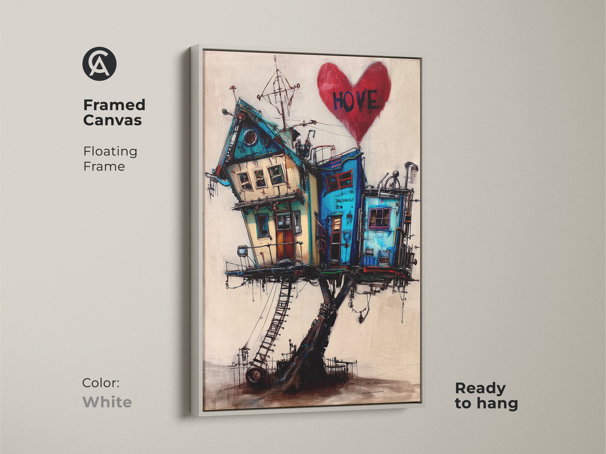 Explore print presentation options for surreal house art. Poster prints and stretched canvas show a whimsical house on stilts. Framed canvas options feature floating frames. Find the perfect eclectic home decor to match your unique art style.