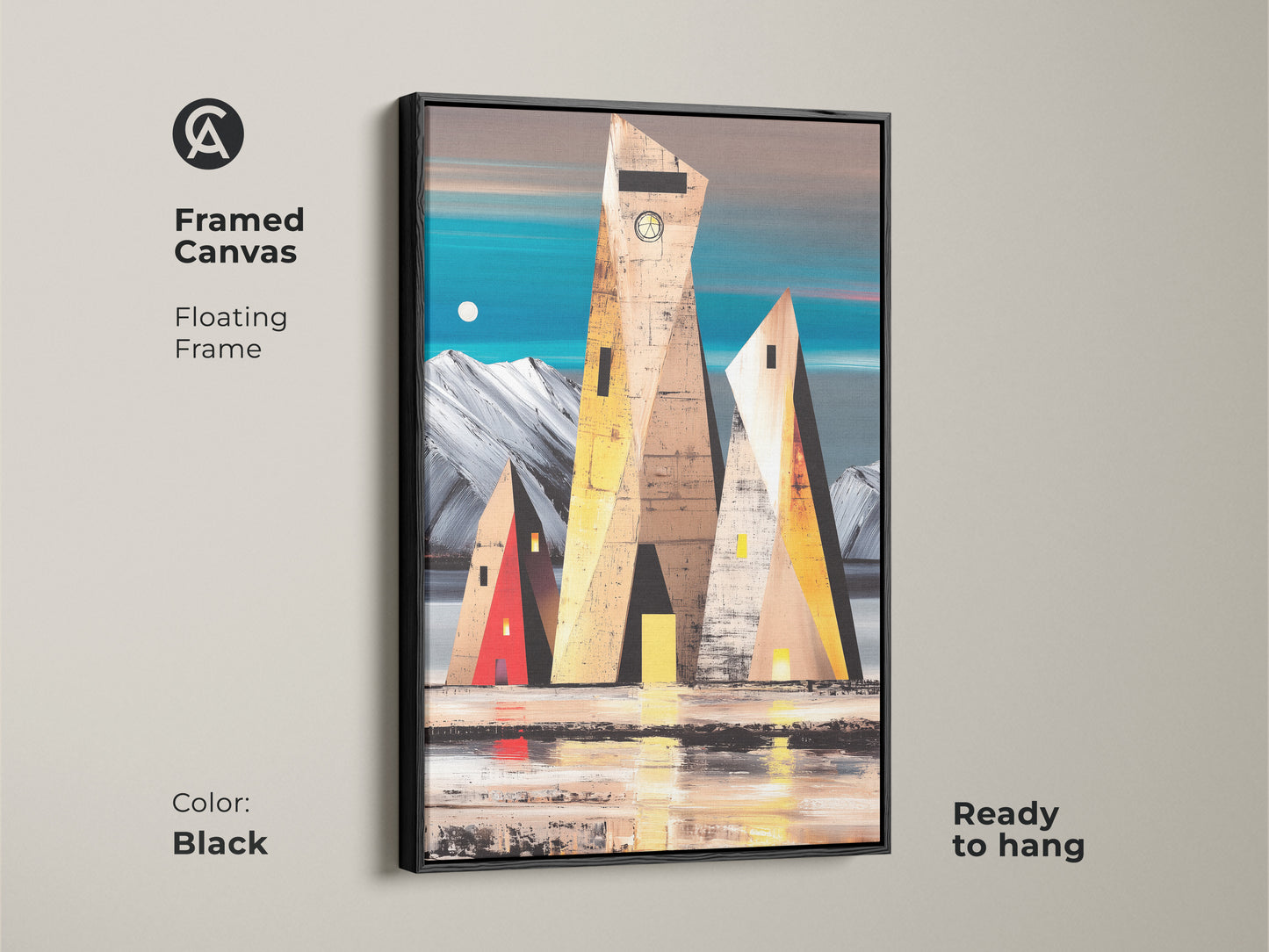 Framed canvas featuring geometric building art in a floating black frame. Teal yellow brown abstract landscape print adds sophistication to your space. Modern wall art ready to hang for easy decor.