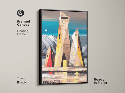 Framed canvas featuring geometric building art in a floating black frame. Teal yellow brown abstract landscape print adds sophistication to your space. Modern wall art ready to hang for easy decor.
