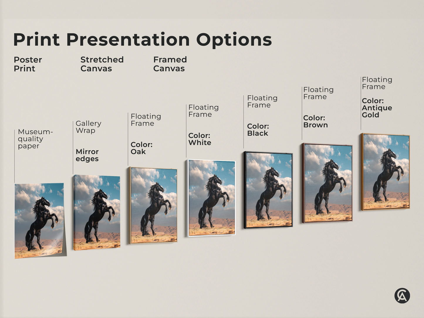 Explore print options for realistic black horse artwork. Choose from poster prints to stretched or framed canvas. Find the perfect style. Enhance your space with equestrian art.